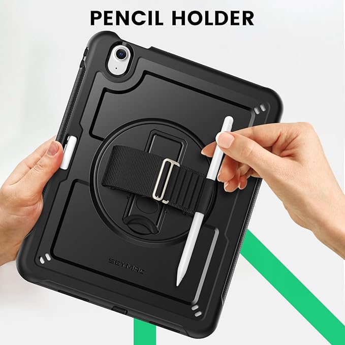 SEYMAC for iPad Air 11 Inch Case M4 / M3 / M2 (2026/2025 / 2024) Full-Body Shockproof Protective Case with Screen Protector Rotating Stand Hand/Shoulder Strap Black