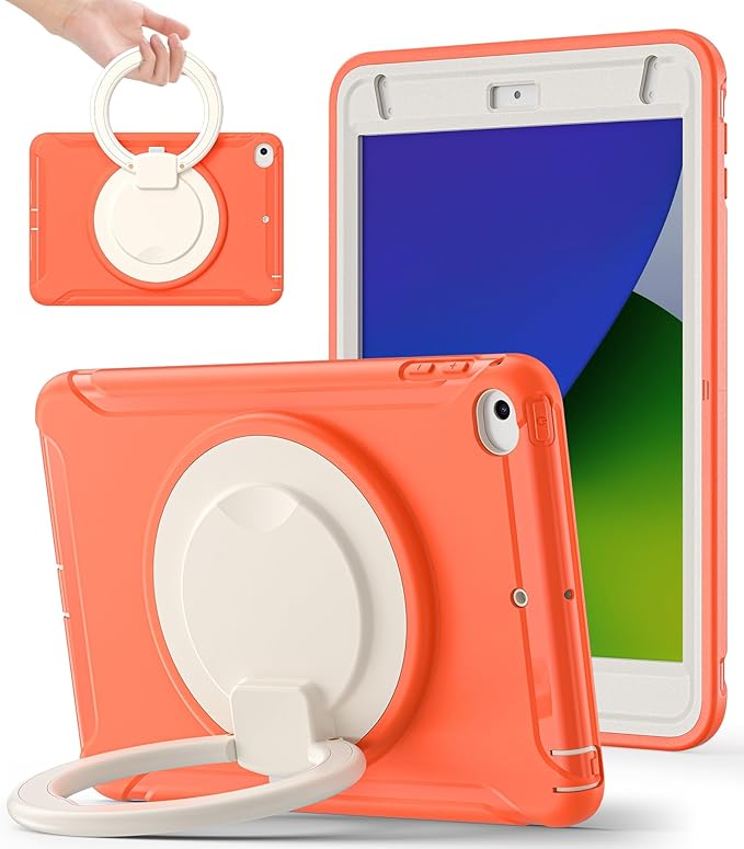 BATYUE Shockproof Case for iPad mini 4/5 (2015/2019) - 360° Multi-Angle Stand (Portrait &amp Landscape) &amp Grip Pencil Holder (Elastic Loop) Multi-Scene for All Ages Coral Orange