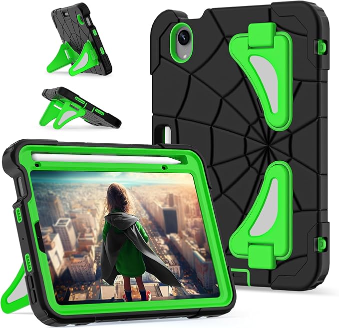 Kids Case for iPad mini 7 A17 Pro 2024/ Mini 6 8.3 inch Spider Case for iPad mini 7th 6th Generation Shockproof Durable Full Protective Cover with Pencil Holder Kickstand (Black+Green)