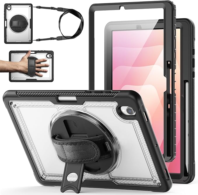 Case for Samsung Galaxy Tab S10 Lite / S10 FE / S9 FE 5G / S9 Tablet Case 10.9''/ 11'' with Screen Protector Pen Holder 360°Rotate Hand Strap/Stand Shoulder Strap Clear
