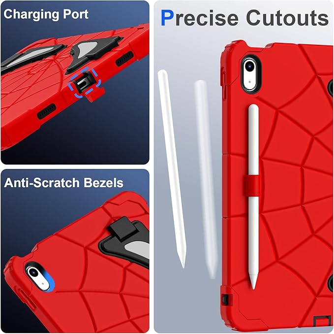 Kids Case for iPad 10th/11th Gen (10.9/11 Inch 2022/2025 A16) – Shockproof 360° Full-Body Protection Cover with Screen Protector Stand &amp Pencil Holder – Boys’ Anti-Drop Design-RED Black