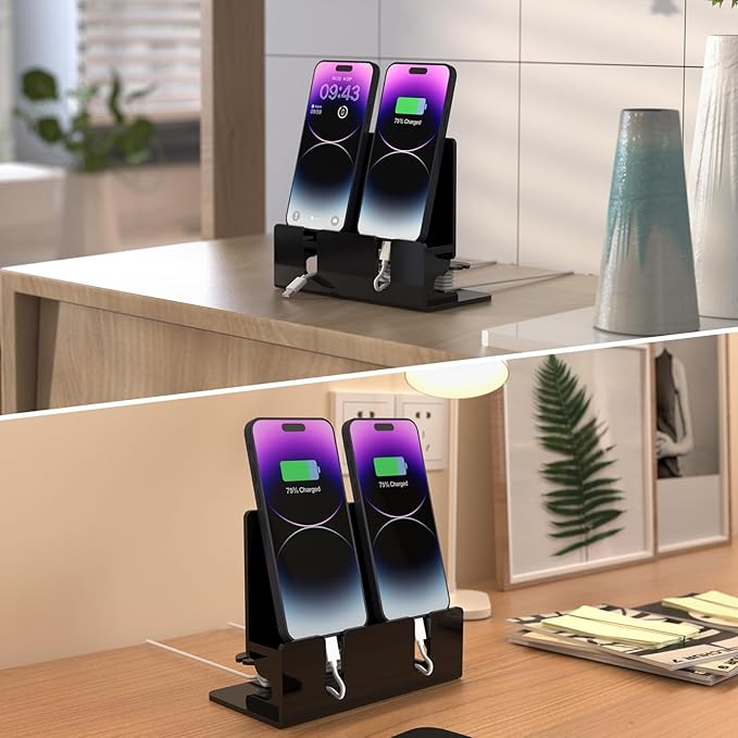 Dual Phone Holder Organizer Stand for 2 Phones Acrylic Desktop Universal Mobile Phone Docking Station Charger Holder with Cable Management Black