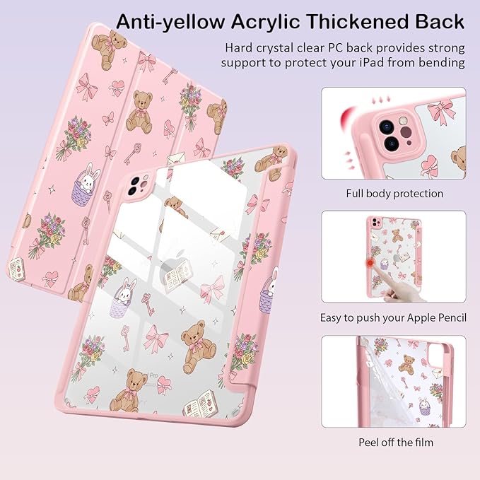 Cute Kawaii Bear Flower Bow for iPad 7th/8th/9th Generation Case 10.2 Inch 2019/2020/2021 with Pencil Holder Auto Sleep/Wake Pink Leather Acrylic Back Cover