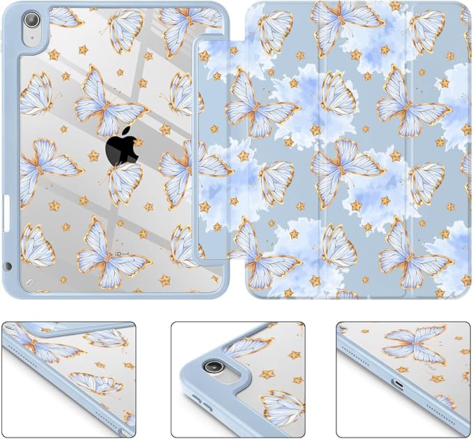 Tuiklol Case for iPad 11 inch (A16 Chip) 2025 Gen 11th / iPad 10.9 inch 2022 10th Gen Buit in Pencil Holder with Shockproof Cover Clear Transparent Back Shell Auto Wake/SleepBlue Butterfly
