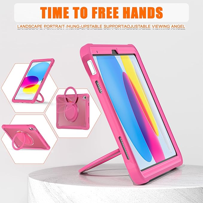 Batianda Ultimate Protective Case for New iPad 11th Generation 11 inch 2025 A16 Chip Sturdy Rugged Shockproof Silicone Tablet Cover with 360° Rotatable Ring Kickstand &amp Pencil Holder Pink