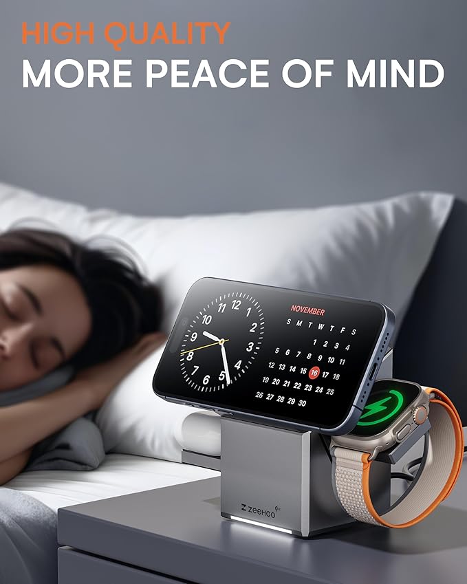 ZEEHOO 3 in 1 Charging Station for Apple Mag-Safe for iPhone Charger Qi2 Certified Rotating Wireless Charger Stand for iPhone 171615141312 Series Apple Watch AirPods (USB-C Charger Included)
