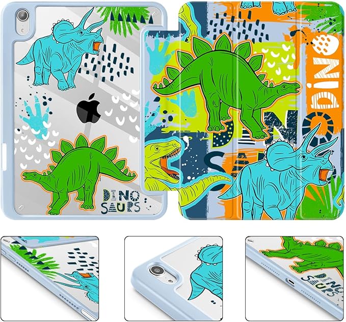 May Chen Slim Case for iPad mini 7 (A17 Pro 7th Generation) 2024 / iPad mini 6 (6th Gen) 8.3 Inch [Built-in Pencil Holder] Shockproof Cover Clear Clear Back Shell Auto Wake/Sleep Dinosaur