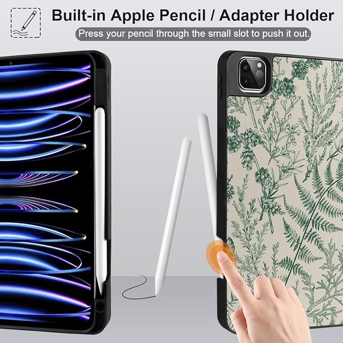 DONGKE Case for 2022/2021/2020/2018 iPad Pro 11 inch Gen 4/3/2/1 - Slim Protective Case - Built in Pencil Holder Support Charging - Trifold Stand &amp Sleep/Wake Cover- Plant &amp Berry