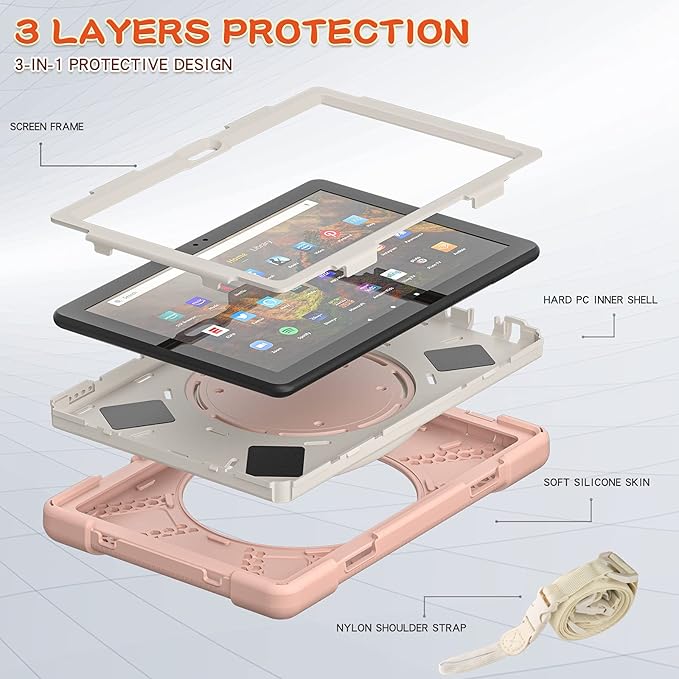 All-New Fire HD 10 &amp Fire HD 10 Kids Pro Tablet Case (13th Gen 2023 Release)Heavy Sturdy Shockproof Kids CaseRotating Stand/Carrying Strap (Pink)