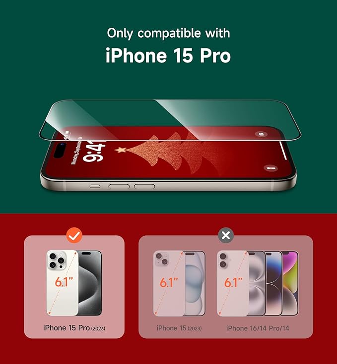 SURITCH 2-Pack for iPhone 15 Pro Tempered Glass Screen Protector 9H+ Hardness HD Clear Fingerprint Resistant Military-grade Shatterproof Tempered Glass Film with Installation Tool for Christmas