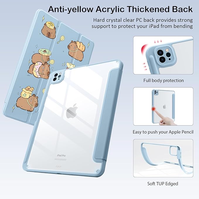 Cute Kawaii Capybara for iPad mini 7 A17 Pro 2024/iPad Mini 6 Case with Pencil Holder Auto Sleep/Wake Blue Leather Clear Acrylic Back Cover