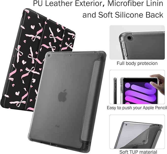 Idocolors Case for iPad 11 inch (A16 Chip) 2025 Generation 11th / iPad 10.9 inch 2022 10th Gen Built-in Pencil Holder with Soft TPU Shockproof Back Shell Auto Wake/Sleep Pink Bow-Black