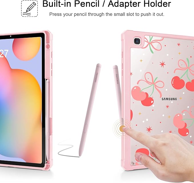 Tuiklol for Samsung Galaxy Tab S6 Lite 10.4 inch 2024 2022 2020Buit in S Pen Holder with Shockproof Protective Cover Clear Transparent Back Shell Auto Wake/Sleep Etro Cherry