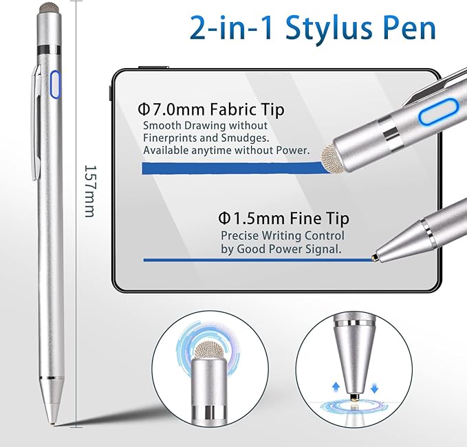 Active Stylus Digital Pen with Ultra Fine Tip Stylus for iPad iPhone Samsung Tablets Compatible with Apple PenStylus Pen for iPad Pro Grey