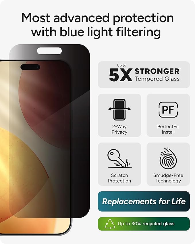 ZAGG Glass Elite Privacy Screen Protector for iPhone 17 Pro Max - 5X Stronger Tempered Glass ClearPrint Technology for Smudge Free Clarity Smooth Feel Full Coverage InvisibleShield Easy Two-Step