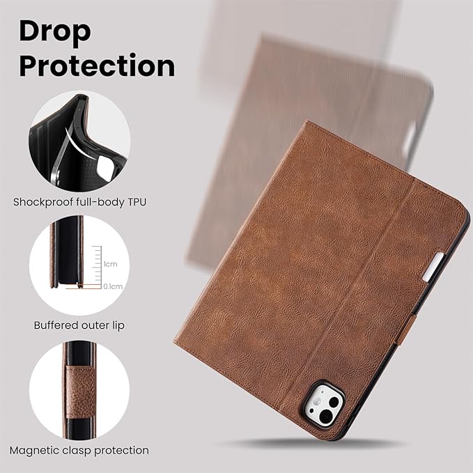 Handmade Case for iPad Pro 11 Inch (M5/M4) 2025/2024 with Pencil Holder PocketMagnetic ClosureAuto Sleep/WakeVegan Leather Folio Protective CoverMulti Angles StandDark Brown
