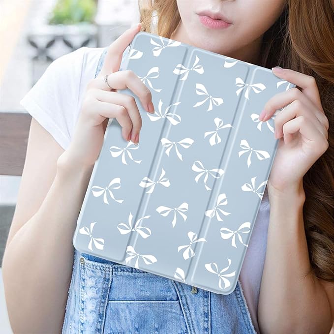 JOYLAND for iPad 10th Generation Case 10.9 inch 2022/iPad (A16) 11th Gen 11 Inch 2025 with Pencil Holder-Auto Wake/SleepCute White Bow Pattern Anti-Scratch Shockproof Premium Folio Stand CaseBlue