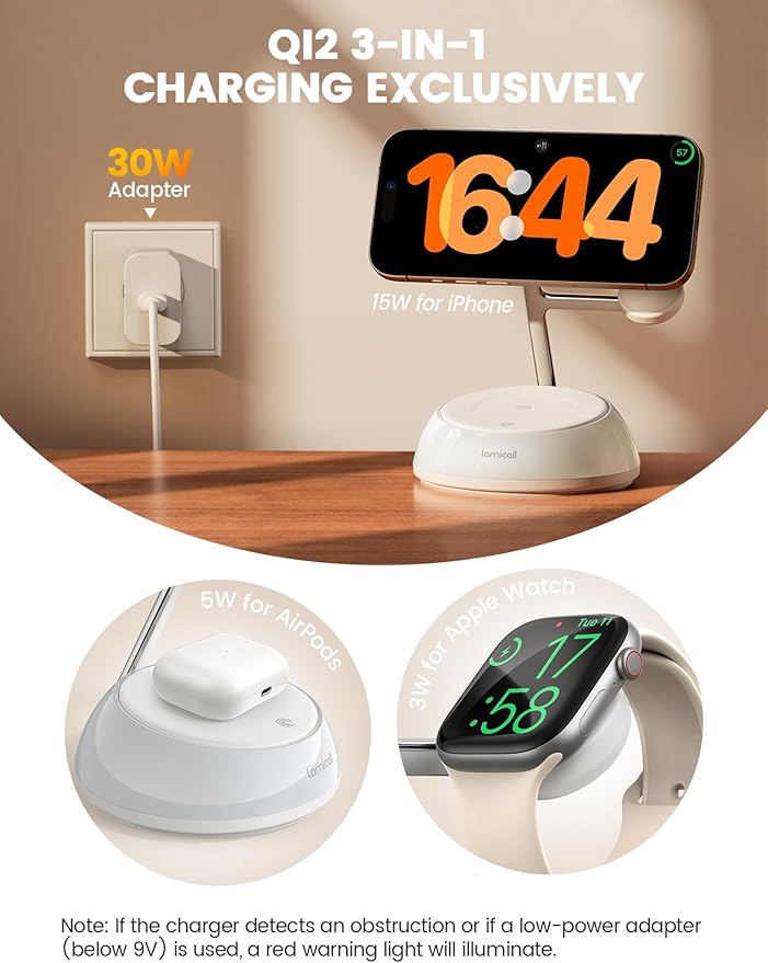 Lamicall 4-in-1 Qi2 Certified Wireless Charging Station for Magsafe [LED Night Light] 15W Fast Magnetic Charger Stand Gifts Compatible for iPhone 17 16 15 14 13 Series Watch Air pods 30W Adapter