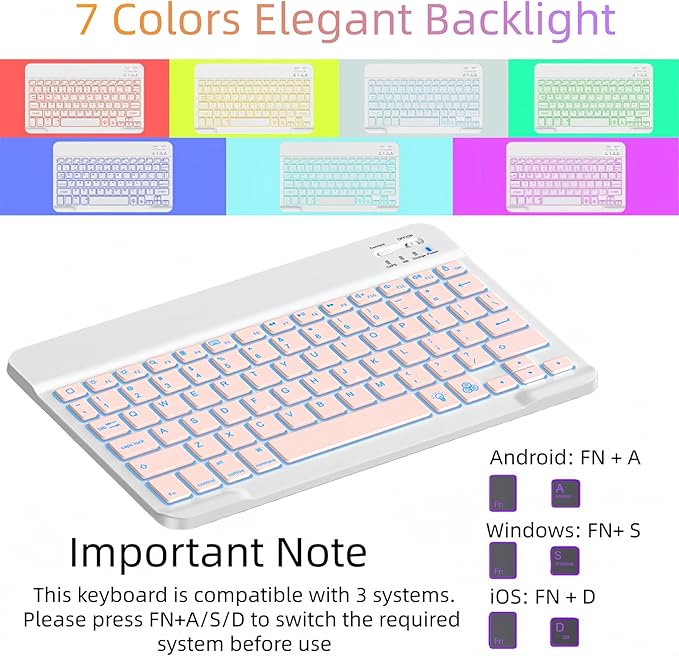 Keyboard Case for Samsung Galaxy Tab S10 Lite/S10 FE/S9/S9 FE 5g 10.9 inch–7-Color BacklitDetachable Wireless Bluetooth Keyboard Case Thin &amp Light with Built-in Pencil Holder with Mouse. (Pink)
