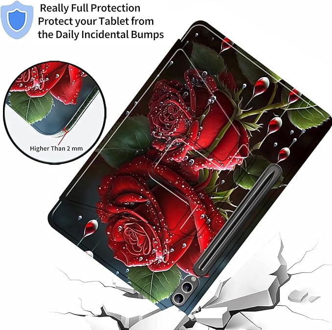 Case for Samsung Galaxy Tab S10 Plus/S9 FE Plus 12.4 with S Pen Holder-360 Rotating Multi-Angle Viewing Protective Cover with Auto Sleep/Wake for S9 Plus-Red Rose