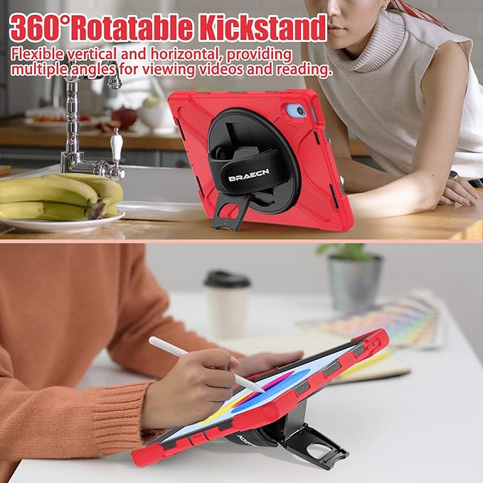 BRAECNstock for Apple iPad (A16) 11th/10th Generation Case 11/10.9 2025/2022 Shockproof Protective Case with Screen Protector Pencil Holder Rotating Stand&ampHand Strap Shoulder Strap Red