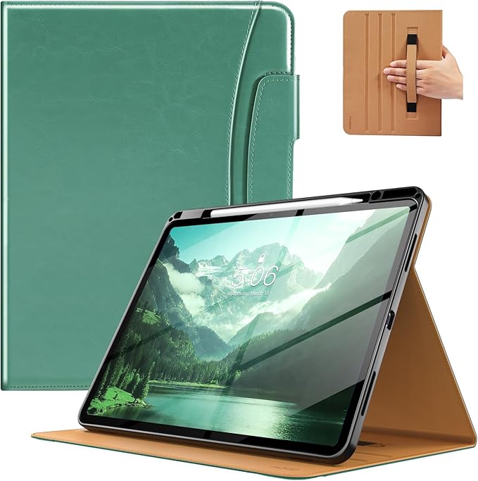 MoKo Case for iPad Air 13-inch (M4) 2026 / (M3) 2025 / (M2) 2024 with Pencil Holder &amp Hand Strap &amp Pocket Premium Leather Folio Stand Cover Multiple Viewing Angles Green