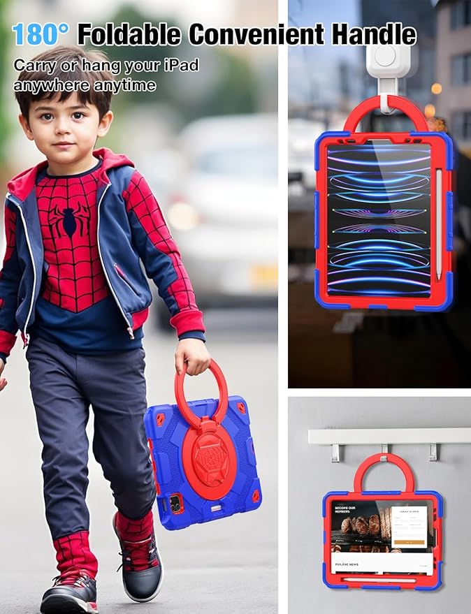 SCSVPN Kids Case for iPad Air 5th/4th Generation 10.9-inch 2022/2020 &amp iPad Pro 11'' 4th/3rd/2nd/1st Gen 2022 2021 2020 2018 Protection Case with Pen Holder Stand Handle Shoulder Strap Red Blu