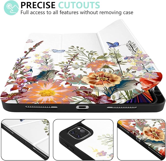 DONGKE Case for iPad Pro 11 inch (4th 3rd 2nd &amp 1st Gen) 2022 2021 2020 2018 Trifold Stand + Pencil Holder + Auto Wake/Sleep + Soft TPU Protective Stand Back Cover Floral