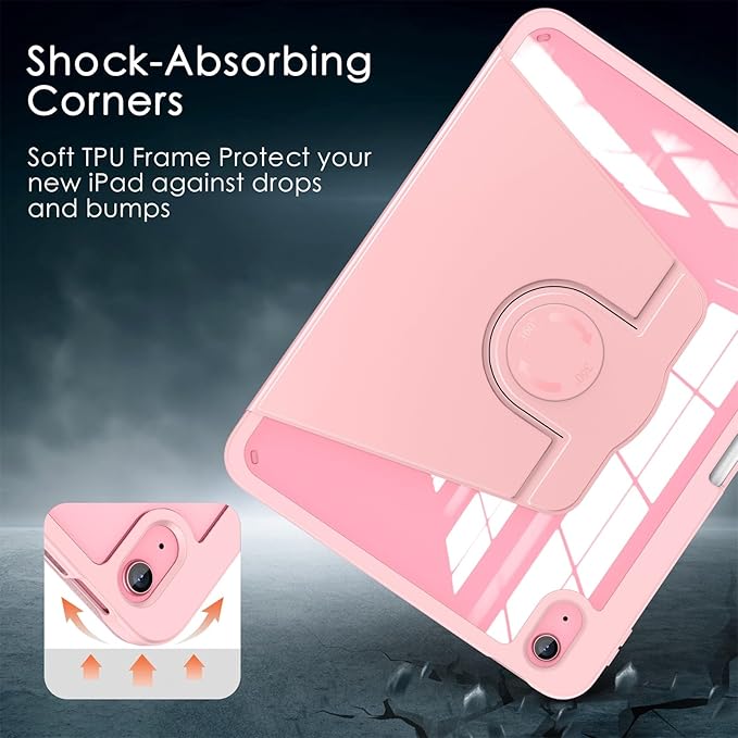 Soke Rotating Case for iPad (A16) 11th Generation 2025 iPad 10th Gen 2022 with Pencil Holder [Shockproof + Auto Sleep/Wake] 360 Degree Rotation Clear Back for iPad 11/10.9 - Pink
