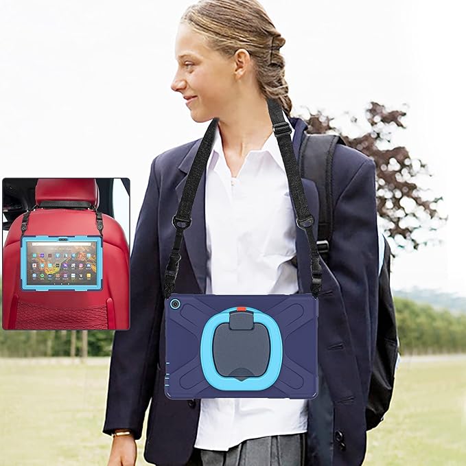 360 ° Rotation Portable Case for Fire HD 10 &amp 10 Plus Tablet（11th Generation 2021 Release Rugged Case Rotating Stand Hand Strap Shoulder Carrying Strap Outdoor Cover (Navy+Blue)
