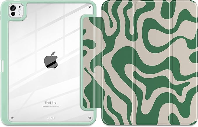 TWOLSKOO Case for iPad Pro 11-inch (M5 2025 / M4 2024) Clear Acrylic Back with TPU Bumper Pencil Holder Trifold Stand Auto Sleep/Wake Green Waves
