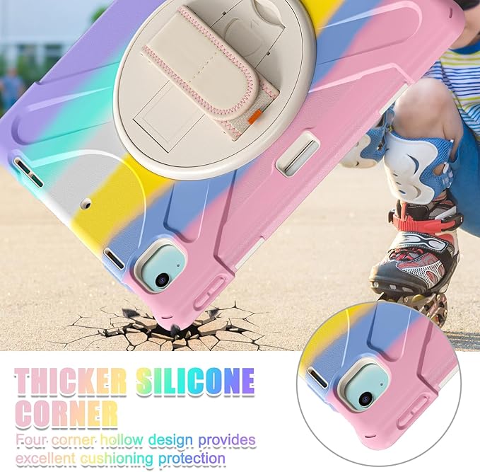 for iPad Air 13-inch M2 (2024) A2898/A2899 for iPad Pro 12.9 Rugged Case Portable Heavy Duty Shock-Proof Armor Cover with Swivel Kickstand/Hand Grip Shoulder Strap Pencil Holder (Macaron)