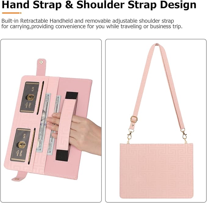 Dteck for iPad Air 13 2024 &amp iPad Pro 12.9 CaseLabyrinth Pattern PU Leather Kickstand Case with Pencil Holder Shoulder Hand Strap Card Pocket Shockproof Protective Magnetic Wallet CasePink