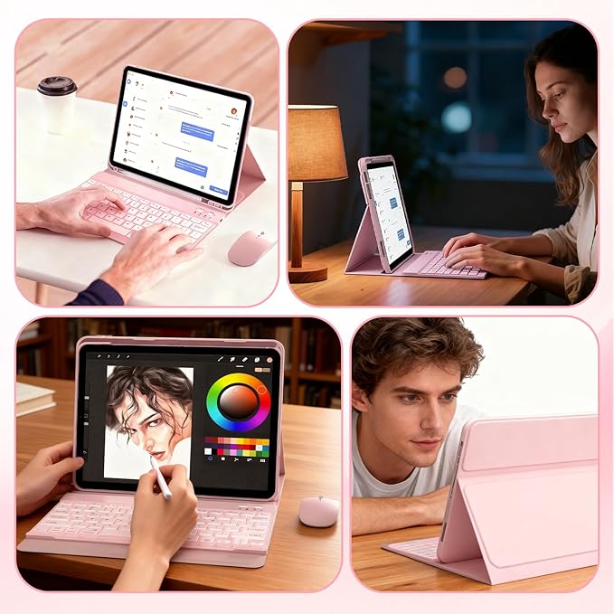 Keyboard Case for Lenovo Tab M11 / K11 LTE 11 Inch 2024 Mouse and 7 Colors Backlit Detachable Keyboard Adjustable Stand Built in S Pen Holder Auto-Sleep/Wake Feature Pink