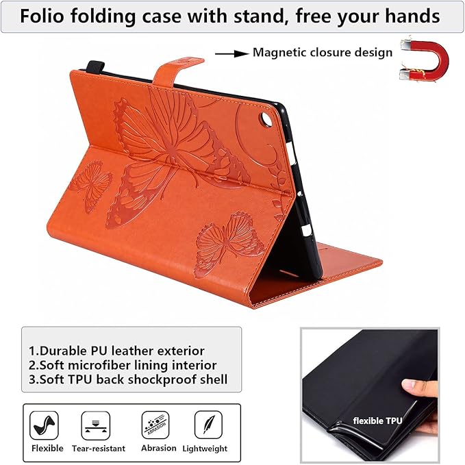 Kindle Fire HD 10 Tablet 2019/2017 Case 9th/7th Generation with Pencil Holder Pockets [Auto Sleep/Wake] Folio Stand Embossed PU Leather Magnetic Smart Wallet TPU Cover Orange Butterfly