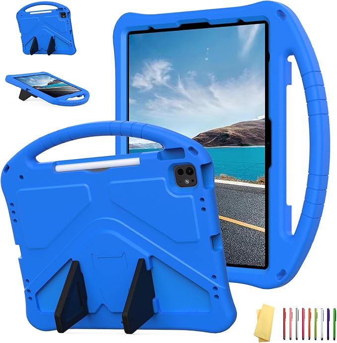 for iPad Pro 12.9 inch Kids Case 6th/5th/4th/3rd Generation (2022/2021/2020/2018) with Kickstand/Pencil Holder/Handle Stand Lightweight Soft EVA Shockproof Heavy Duty Protective Cover Blue