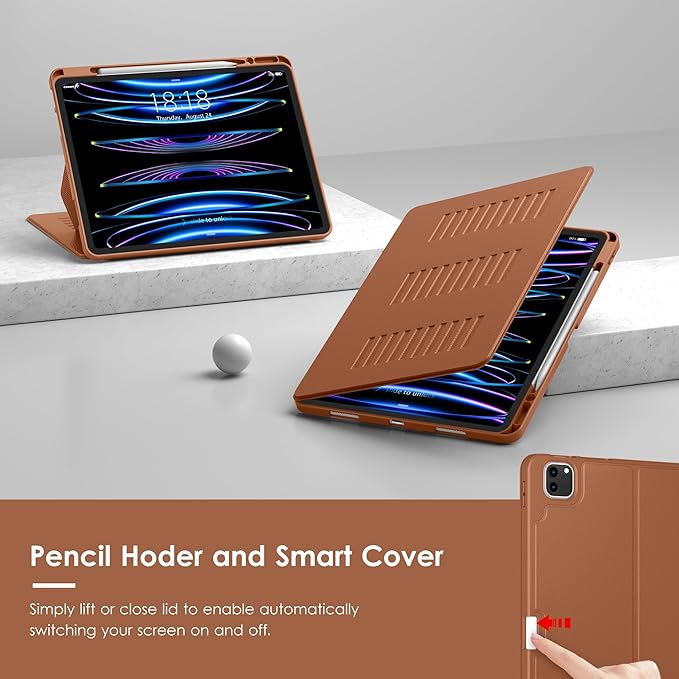 VIKESI Case for iPad Pro 12.9 6th / 5th / 4th / 3rd Generation Case 2022/2021/2020/2018Multiple Angles Magnetic Stand CoverShockproof Soft BackPencil Holderand Auto Sleep/WakeBrown