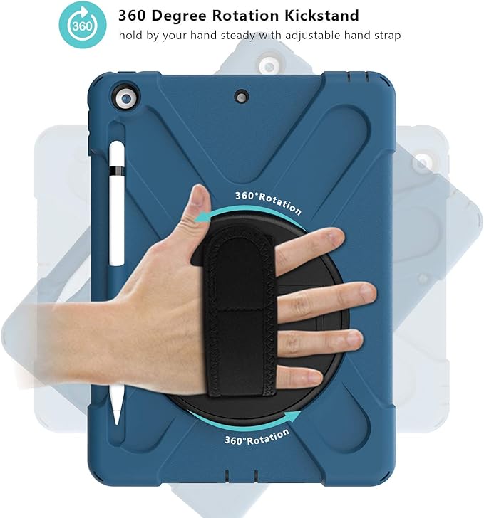 ProCase Rugged Case for iPad 9th/ 8th/ 7th Generation 10.2 (2021/2020/2019) Heavy Duty Shockproof Protective Cover with Strap for iPad 9/8/7 -Moroccoblue