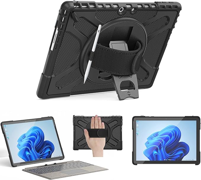 Junfire Shockproof Case for Microsoft Surface Go4/ Surface Go3/ Surface Go2 Protective 10.5 Inch Case with Hand Strap/360°Rotating Kickstand/Stylus Holder Compatible with Type Cover Keyboard-Black