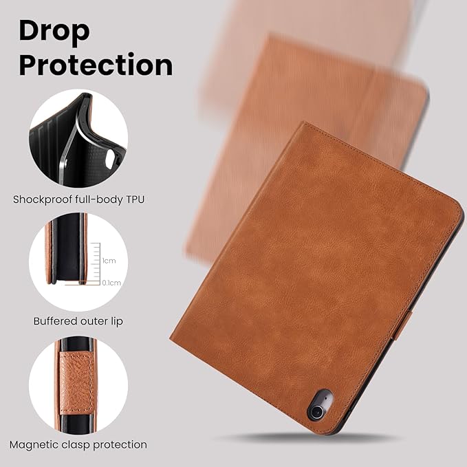 Handmade Case for iPad A16 11th Gen 11 Inch 2025 / iPad 10th Generation 10.9'' with Pencil Holder PocketMulti Angles StandMagnetic ClosureVegan Leather CoverAuto Sleep/WakeBrown