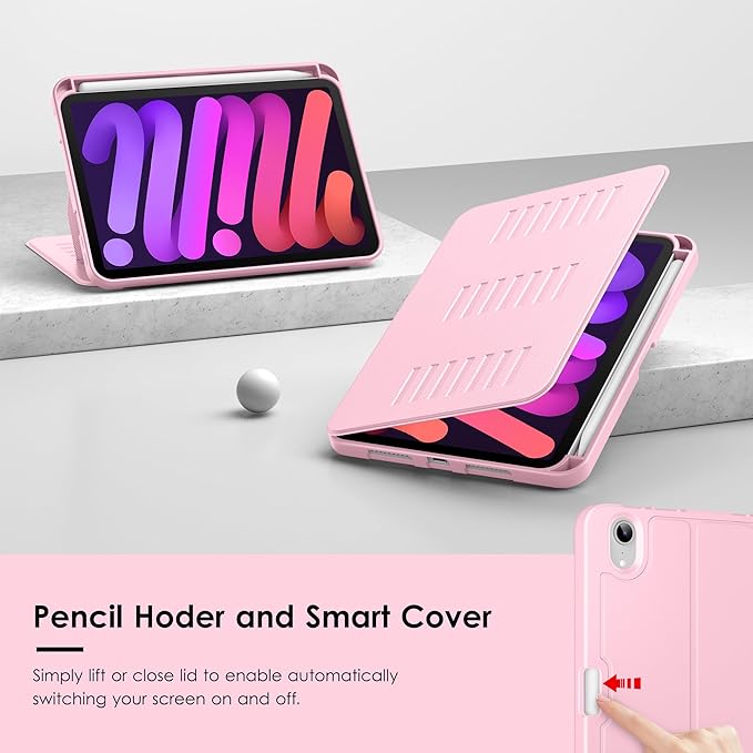 VIKESI Case for iPad iPad mini 7 (A17 Pro) and iPad mini 6Multiple Angles Magnetic Stand CoverShockproof Soft BackPencil Holderand Auto Sleep/WakePink