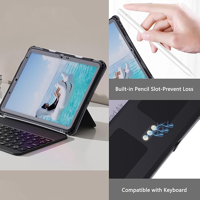 MRUOZRUI Waterproof Tablet Case for iPad Air 11inch 6th M2 2024/ 7th M3 2025 8th M4 2026 5/4 10.9inch Built-in Screen Protector Pencil Holder Fit with Magic Keyboard Strap Kickstand Black &amp G