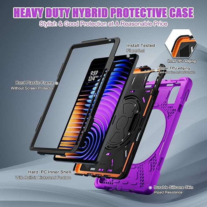 for Xiaomi Mi Pad 7/7 Pro Case 11.2 Shockproof Cover with 360 Rotate Stand Hand/Shoulder Strap Pencil Holder Purple