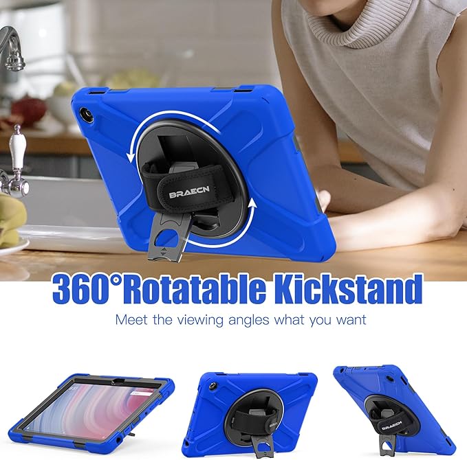 BRAECNstock Shockproof Protective Case for Amazon Fire HD 10 13th Generation 2023 Kids Case with Screen Protector [Rotating Hand Strap]&amp StandPen Holder &amp Shoulder Strap - Blue