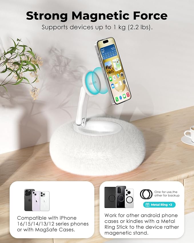 Viozon Phone Holder for Bed Magnetic Pillow Stand Compatible with 4-7 Phone/Kindle with Small Storage Removable Suction Base for Stability Idea for Kindle Reading and Video Watching On BedWhite