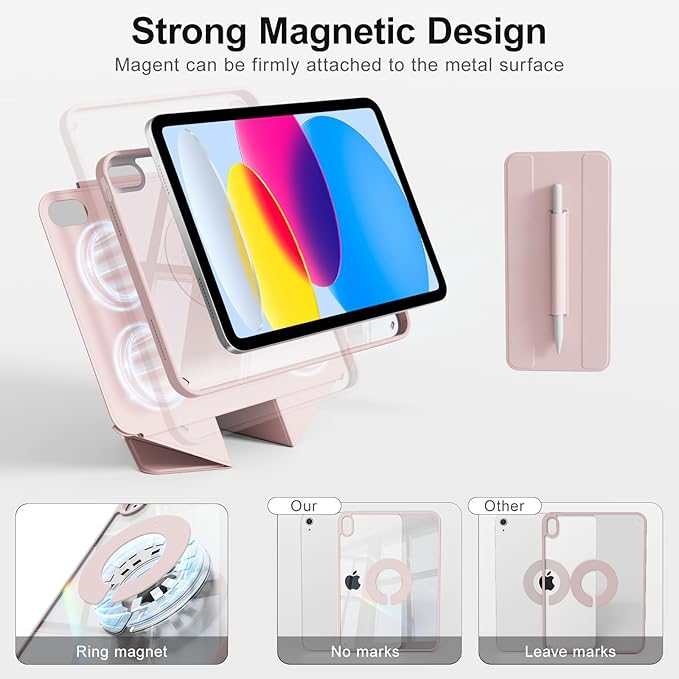 for iPad A16 Case 11th Generation 11 Inch 2025 for iPad 10th Generation Case 10.9 Inch 2022 with Pencil Holder Folio Stand Cover Clear Back Magnetic Attachment Multi Angles Pink