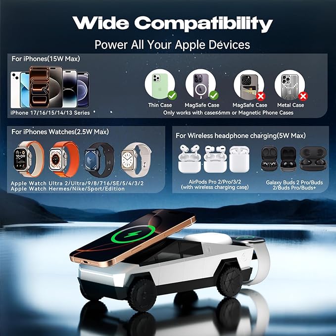 CyberDock 3-in-1 Wireless Charging Station Cybertruck 1:25 Scale Charger with Qi2 Certified 15W Charging for iPhone iWatch AirPods Magnetic Rotating Charger with Ambient Light 30W Adapter Sliver