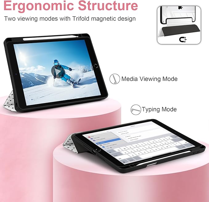 MEEgoodo Case for iPad 10.2 inchTablet Cases for iPad 9th Generation 2021/8th Gen 2020/7th Gen 2019 with Clear Acrylic Back Shell+Pencil Holder+Auto Wake/Sleep+Trifold Stand Poka Dot Black