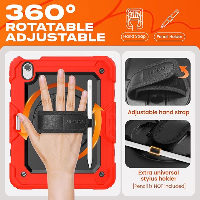 SEYMAC stock Case for iPad Air 11-inch M4-M2 2026-2024 (Gen 8-6) Shockproof Heavy Duty Case with Screen Protector Pencil Holder Rotating Stand Hand Strap Shoulder Strap Red