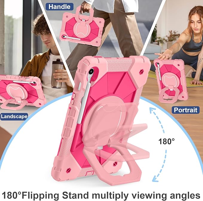 Case for Samsung Galaxy Tab S10 Lite/S10 FE/S9 FE 10.9 Inch Samsung Tab S9 11 Inch Rugged Galaxy S10 Tablet Cover with Pen Holder 360 Rotating Stand Shoulder Strap Screen Protector Rosegold